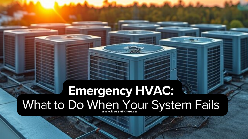 Row of commercial HVAC units on a rooftop at sunset with text overlay: Emergency HVAC: What to Do When Your System Fails.