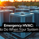 Row of commercial HVAC units on a rooftop at sunset with text overlay: Emergency HVAC: What to Do When Your System Fails.