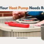 A technician inspecting an outdoor heat pump unit with a digital tool. Text overlay: Signs Your Heat Pump Needs Repair.