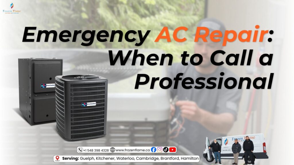 Emergency AC repair services graphic featuring an outdoor condenser unit and a technician, serving Guelph, Kitchener, and Waterloo.