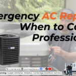 Emergency AC repair services graphic featuring an outdoor condenser unit and a technician, serving Guelph, Kitchener, and Waterloo.