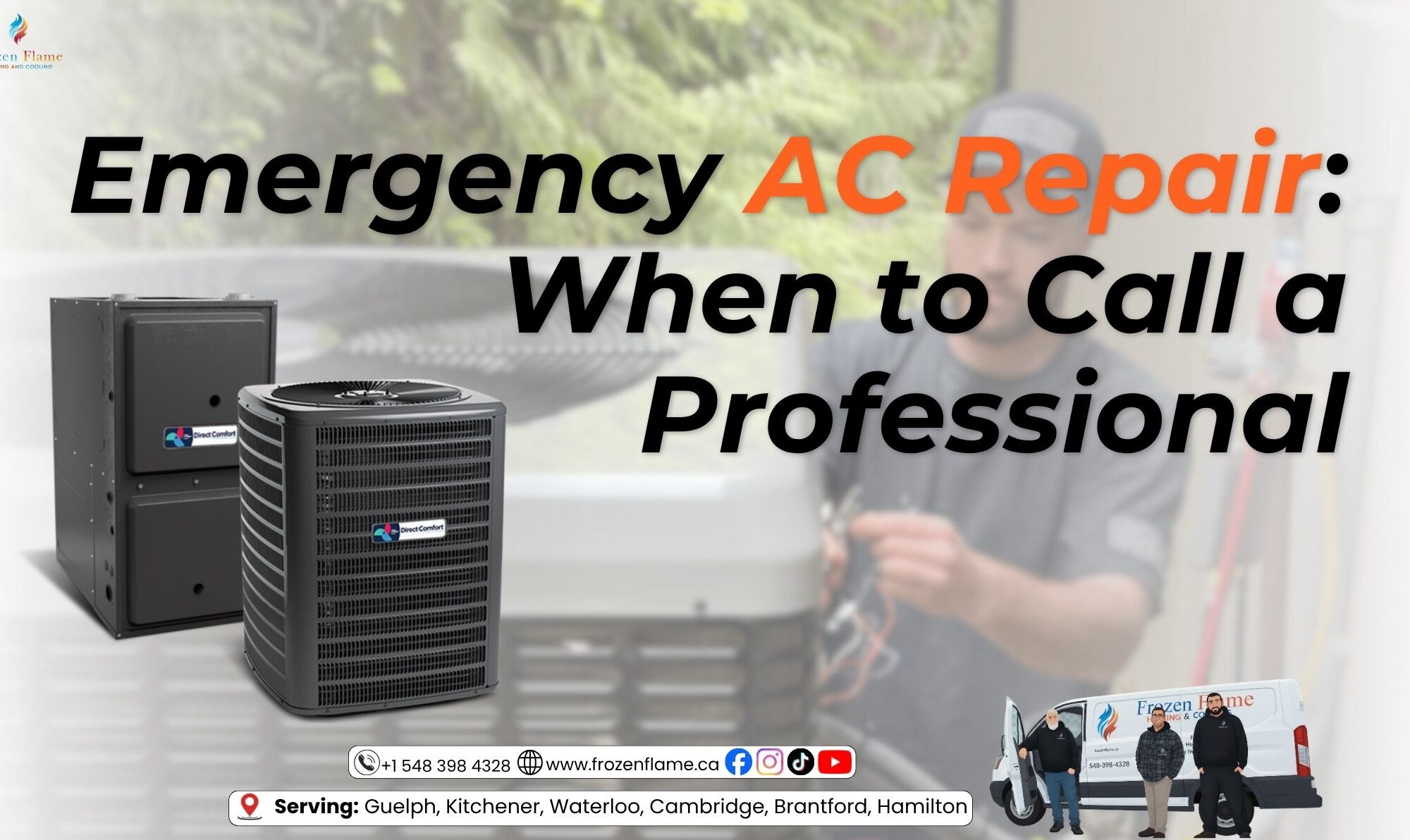 Emergency AC repair services graphic featuring an outdoor condenser unit and a technician, serving Guelph, Kitchener, and Waterloo.